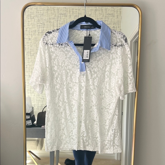 Lioness Cobain Lace Polo 🤍 White and Blue Lace Blouse - Picture 7 of 9